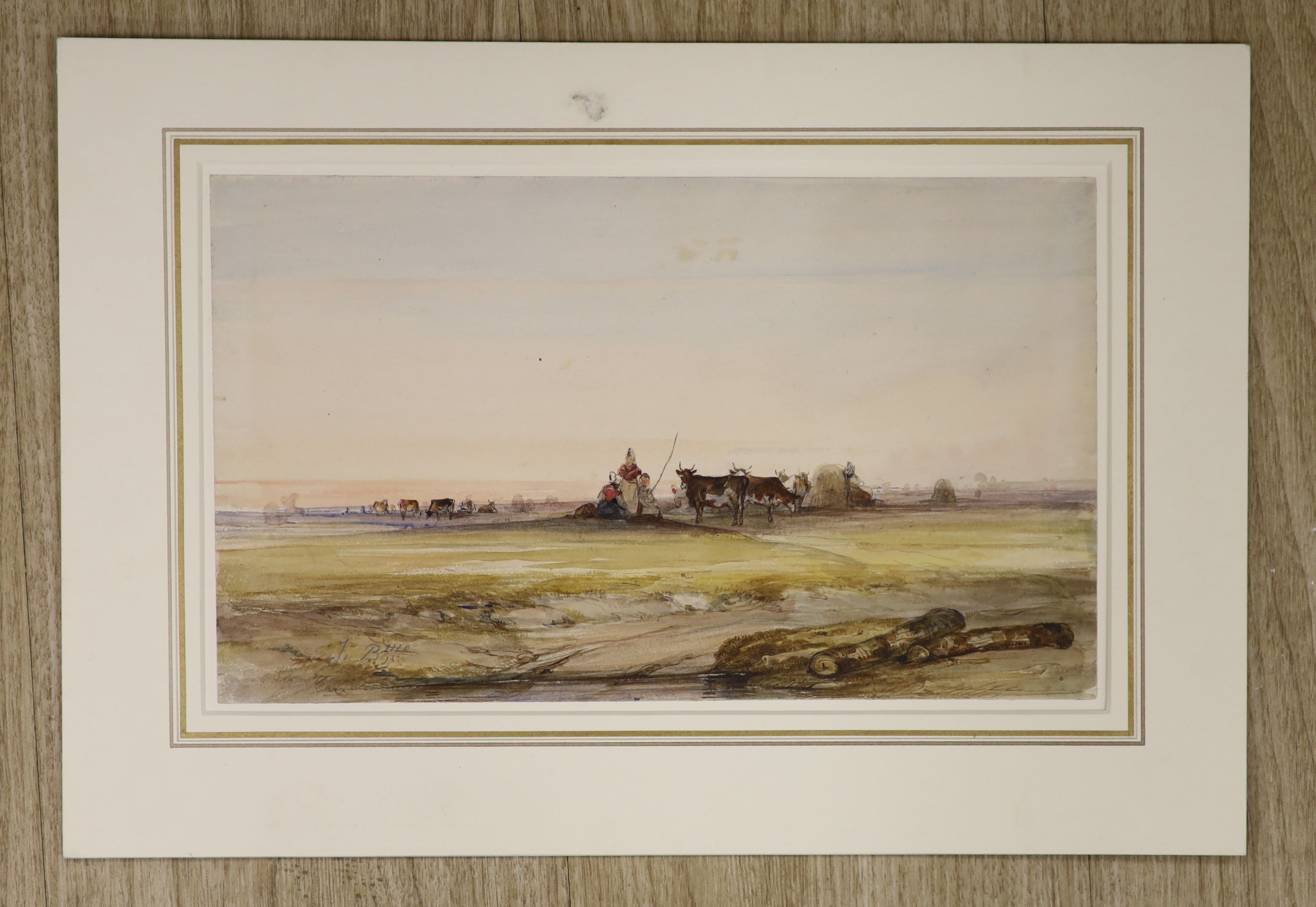Jean Bapteme (French, 19thC), watercolour, Cattle herders in a landscape, 18 x 30cm, unframed